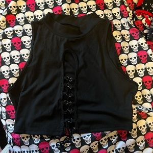 Black lace up front crop top